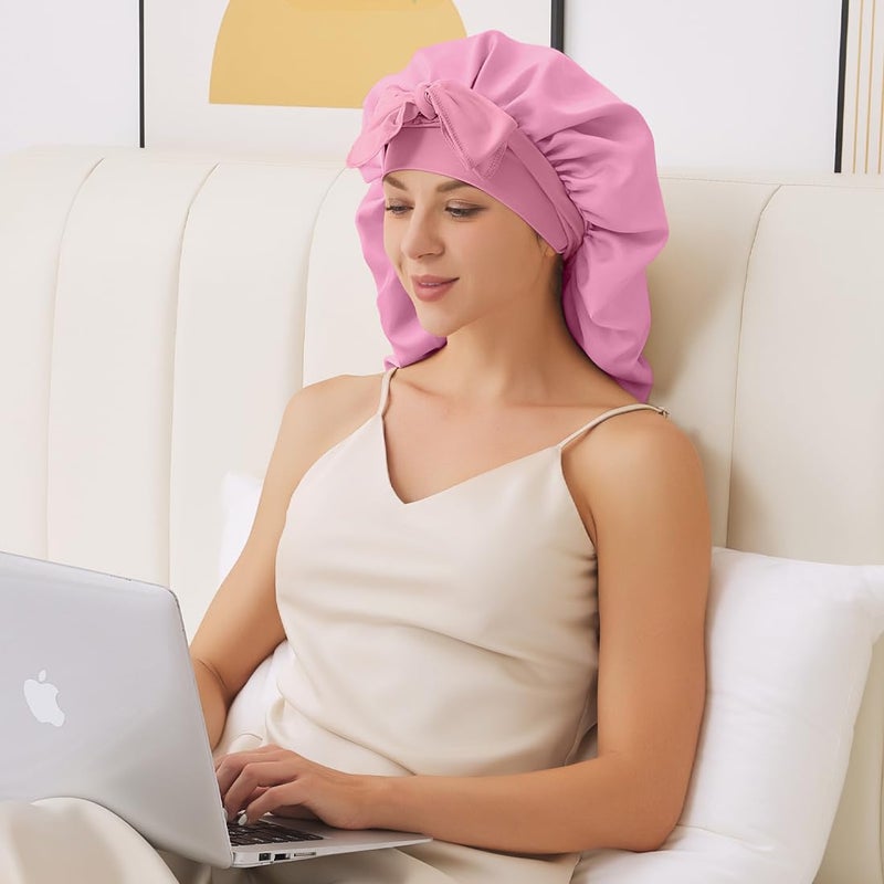 Supaze Long Satin Bonnet For Sleeping, Satin Lined Braid Bonnet With Elastic Band, Adjustable Long Strap Bonnets For Women Braids(Rose Pink) showercap - Image 3